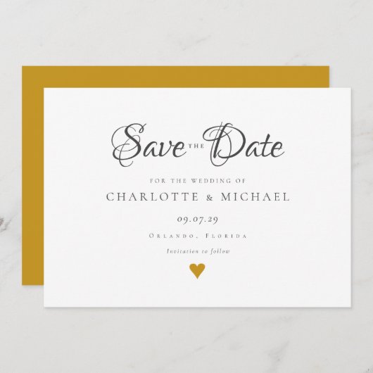 Save The Date Simple Élégant Script Cœur Doré Enregistrer La Dat (Devant / Derrière)