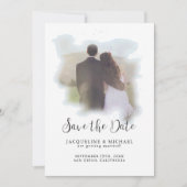 Save The Date Simple Elégant Script Moderne Aquarelle Photo Bleu (Devant)