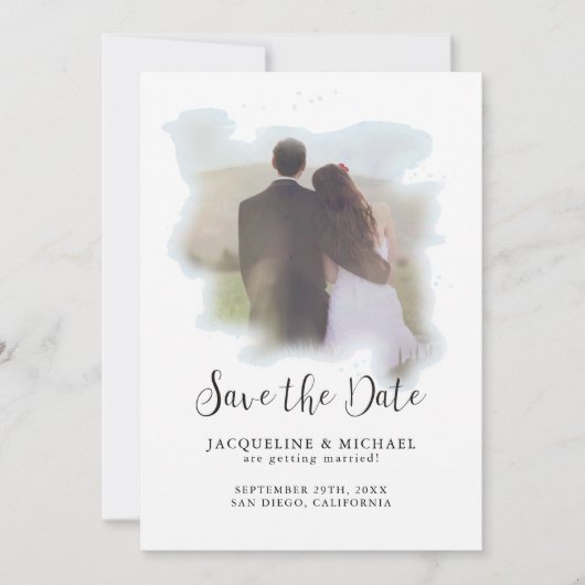 Save The Date Simple Elégant Script Moderne Aquarelle Photo Bleu (Devant)