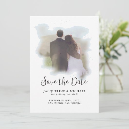 Save The Date Simple Elégant Script Moderne Aquarelle Photo Bleu (Debout devant)