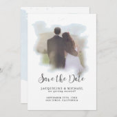 Save The Date Simple Elégant Script Moderne Aquarelle Photo Bleu (Devant / Derrière)