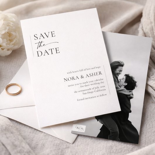 Save The Date Simple Elegant Text and Photo | Monogram Wedding