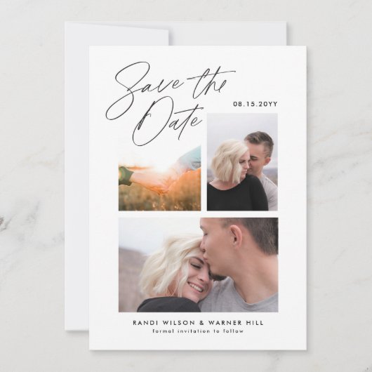 Save The Date Simple et élégant Vertical Trois Photo manuscrite (Devant)
