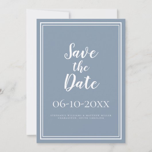 Save The Date Simple Faire Part Mariage Script Bleu Poussière (Devant)