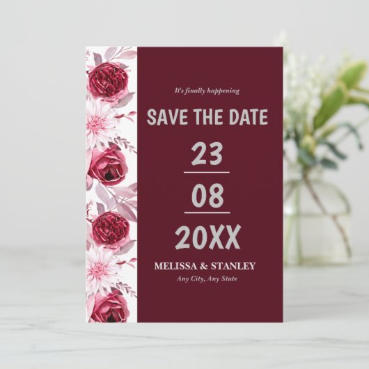Save The Date Simple floral rose bordeaux Script Enregistrer la (Debout devant)