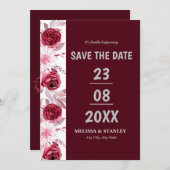 Save The Date Simple floral rose bordeaux Script Enregistrer la  (Devant / Derrière)