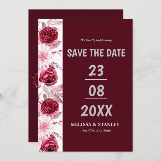 Save The Date Simple floral rose bordeaux Script Enregistrer la (Devant / Derrière)