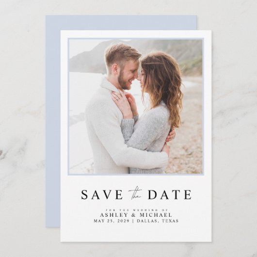 Save The Date Simple Light Blue Modern Script Mariage photo (Devant / Derrière)
