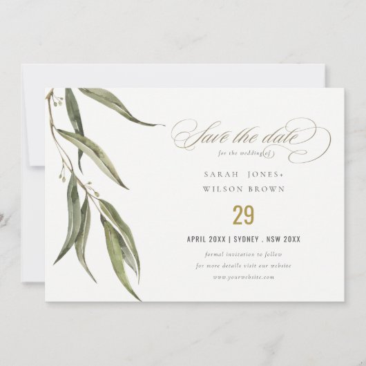 Save The Date Simple mariage botanique d'eucalyptus à l'aquarell (Devant)