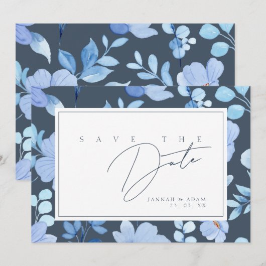 Save The Date Simple Mariage Fleur Sauvage Bleue (Devant / Derrière)