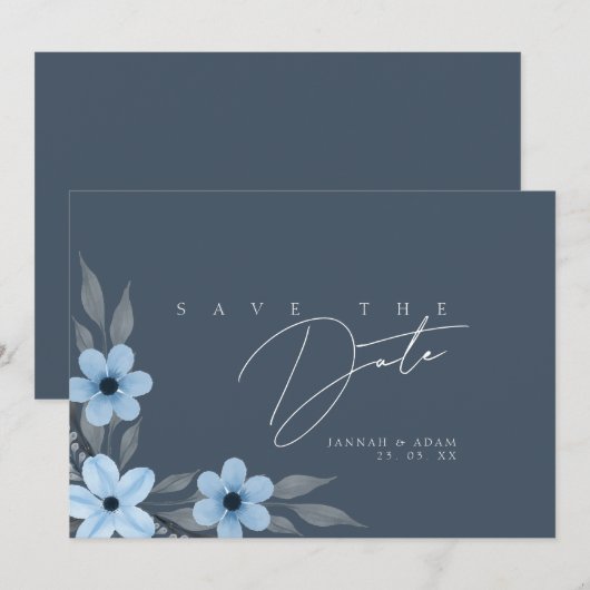 Save The Date Simple Mariage Floral Bleu Ardoise (Devant / Derrière)