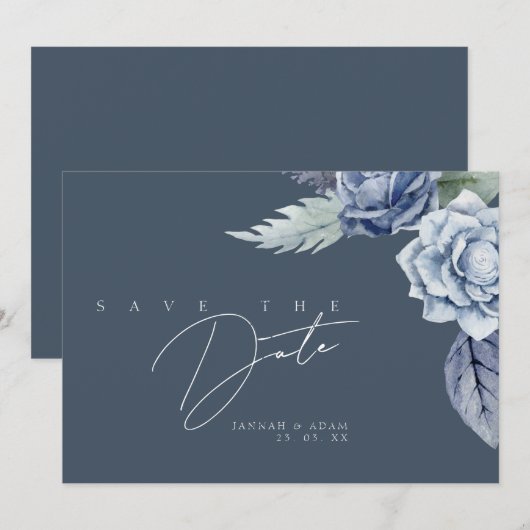 Save The Date Simple Mariage Rose Bleu Ardoise (Devant / Derrière)