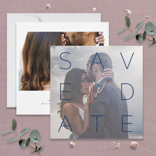 Save The Date Simple Marine Blanc 2 Rose photo Carré or Mariage