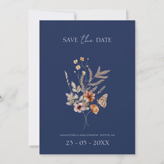 Save The Date Simple Marine Bleu Automne Fleur sauvage Mariage (Devant)