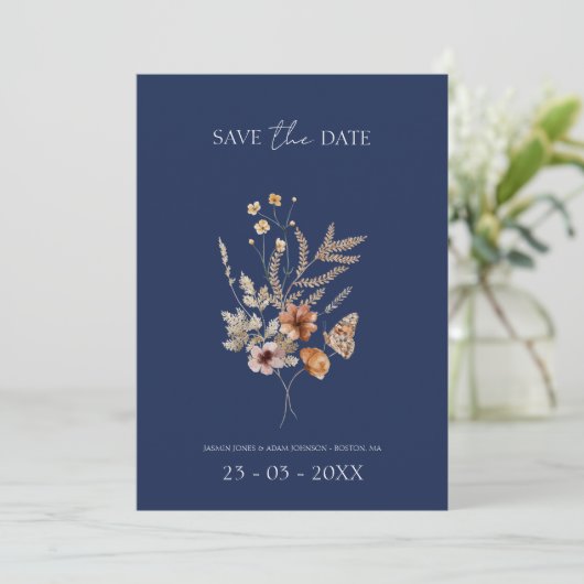 Save The Date Simple Marine Bleu Automne Fleur sauvage Mariage (Debout devant)