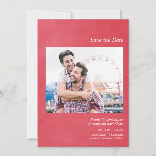 Save The Date Simple Metallic Effect Engaged Gay Couple Photo (Devant)