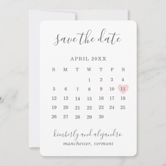 Save The Date Simple mignon Mariage de Calender Coeur Rose (Devant)