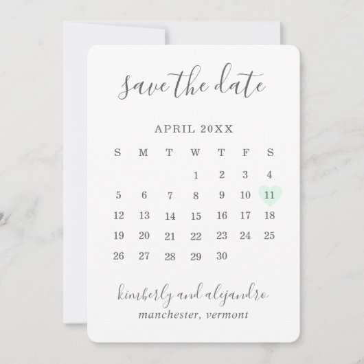 Save The Date Simple mignonne Mint vert Coeur Calender Mariage (Devant)