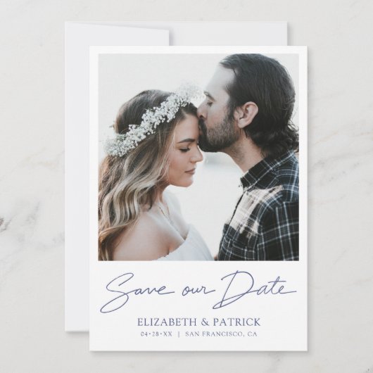 Save The Date Simple Modern Blue Script Photo Enregistrer la dat (Devant)