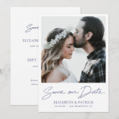 Save The Date Simple Modern Blue Script Photo Enregistrer la dat (Devant / Derrière)