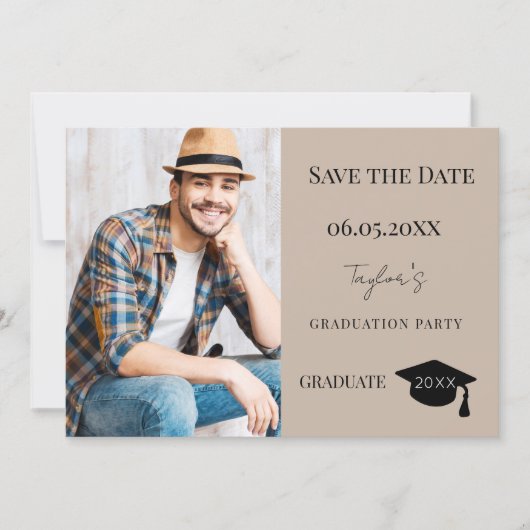 Save The Date Simple modern photo mocha beige guy Graduation (Devant)