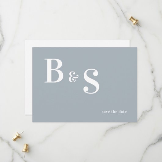 Save The Date Simple Moderne Date de Sauvegarde Monogramme Bleu (Devant/Arrière en situation)