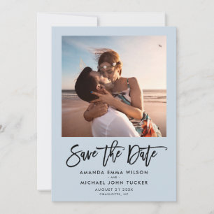Save The Date Simple Moderne Écriture Chic Bleu Poussiéreux Phot