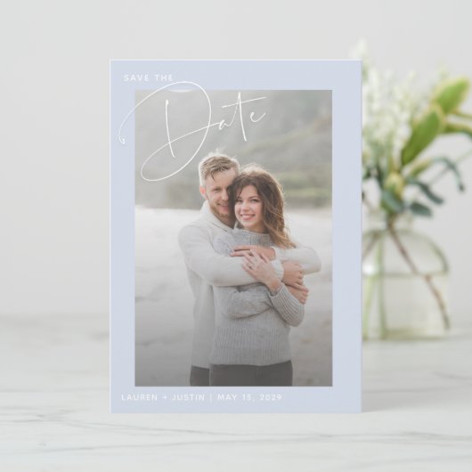 Save The Date Simple moderne Mariage photo bleu et blanc (Debout devant)