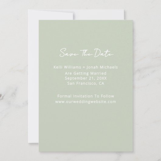 Save The Date Simple Moderne Mariage Photo Vert Sauge (Dos)