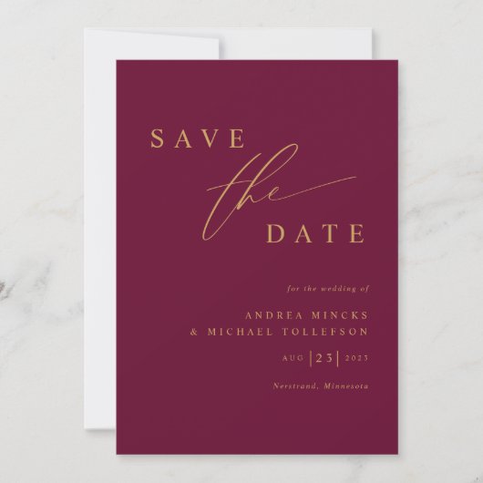 Save The Date Simple moderne Mulberry Wine and Gold Mariage (Devant)
