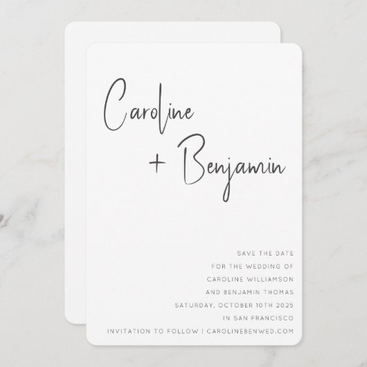 Save The Date Simple moderne noir blanc Boho Mariage de script (Devant / Derrière)