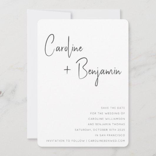 Save The Date Simple moderne noir blanc Boho Mariage de script (Devant)