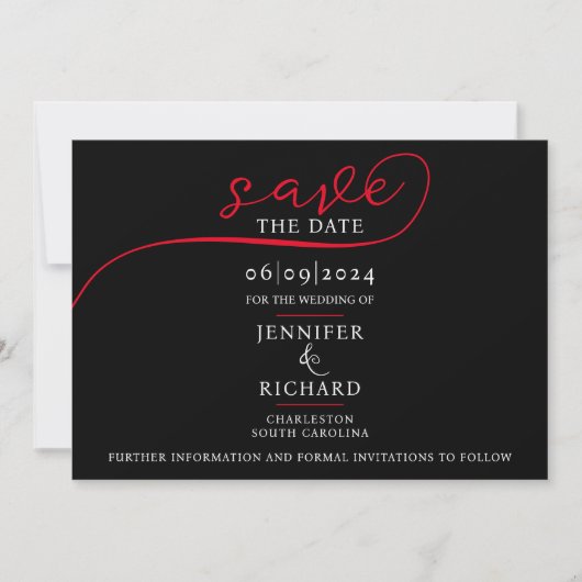 Save The Date Simple moderne Noir Blanc Rouge Script Mariage pho (Devant)