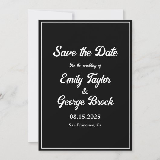 Save The Date Simple Moderne Noir Et Blanc Script Mariage Chic (Devant)