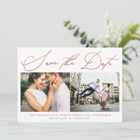 Save The Date Simple moderne Rose Gold Script photo noir (Debout devant)
