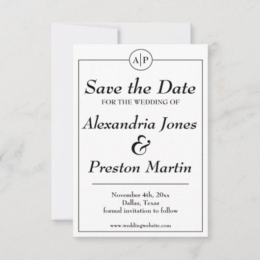 Save The Date Simple Monogramme noir et blanc Photo Enregistrer (Devant)