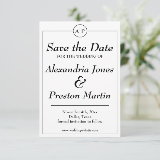 Save The Date Simple Monogramme noir et blanc Photo Enregistrer (Debout devant)