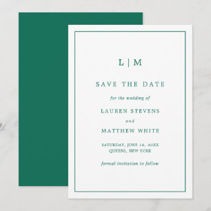 Save The Date Simple Monogramme Vert Émeraude Mariage Élégant