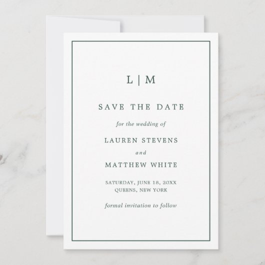Save The Date Simple Monogramme Vert Forêt Mariage Élégant (Devant)