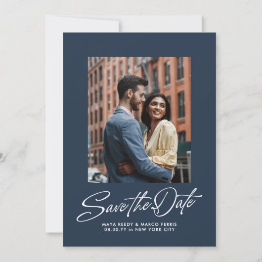 Save The Date Simple navy blue trendy script two photo wedding (Devant)