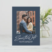 Save The Date Simple navy blue trendy script two photo wedding (Debout devant)