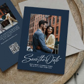 Save The Date Simple navy blue trendy script two photo wedding