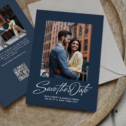 Save The Date Simple navy blue trendy script two photo wedding