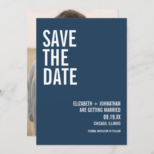 Save The Date Simple Navy Typographie Mariage Photo (Devant / Derrière)