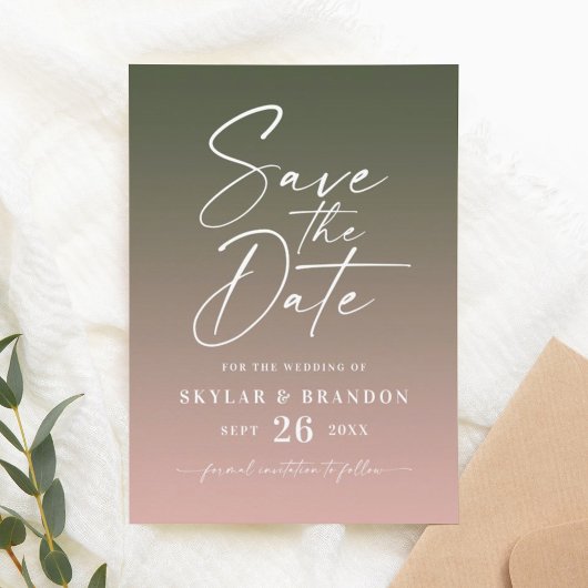 Save The Date Simple Ombre Gradient rose et Mariage vert foncé