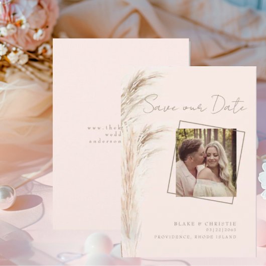 Save The Date Simple Pampas Couple Photo Blush Mariage