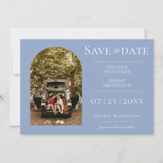 Save The Date Simple Photo d'arche | Bleu poussiéreux Enregistre (Devant)