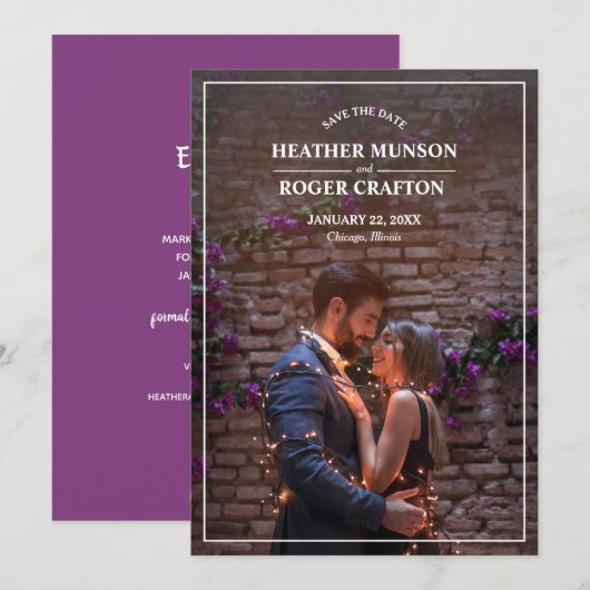Save The Date Simple Photo Fiançailles Purple Enregistrer La Dat (Devant / Derrière)