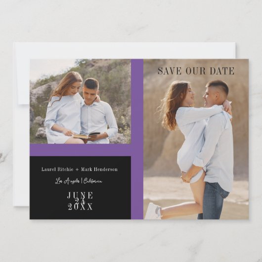 Save The Date Simple Purple Two Photos Engaged Couple Session (Devant)