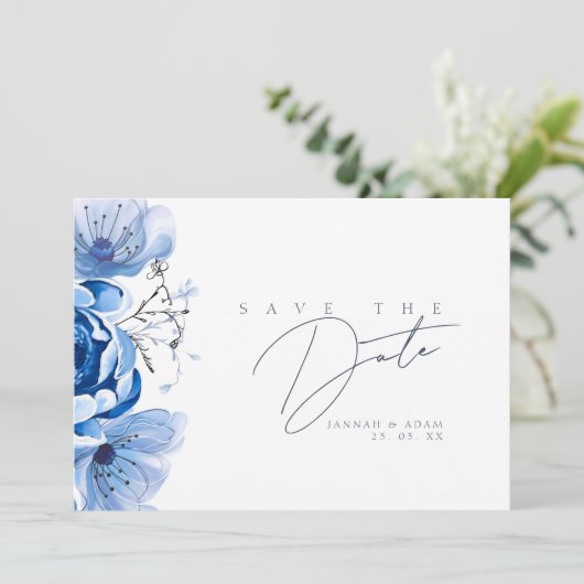 Save The Date Simple Royal Blue Opulence Floral Rose Mariage (Debout devant)